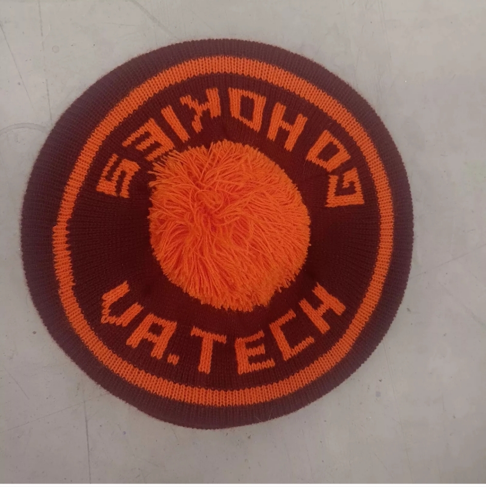 Vintage Virginia Tech Hokies Beret Pom Hat Cabbie Winter Knit Made In USA